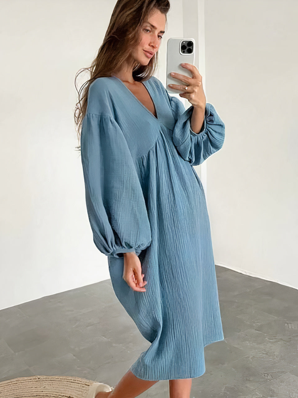 Midi Nightgown with V-Neck and Puff Sleeves - product photo 2