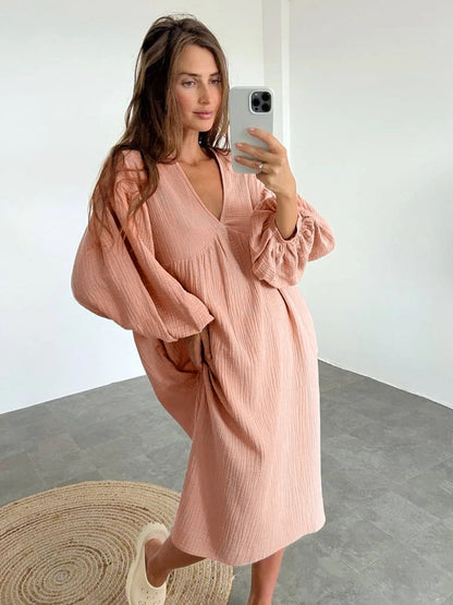 Midi Nightgown with V-Neck and Puff Sleeves - product photo 3