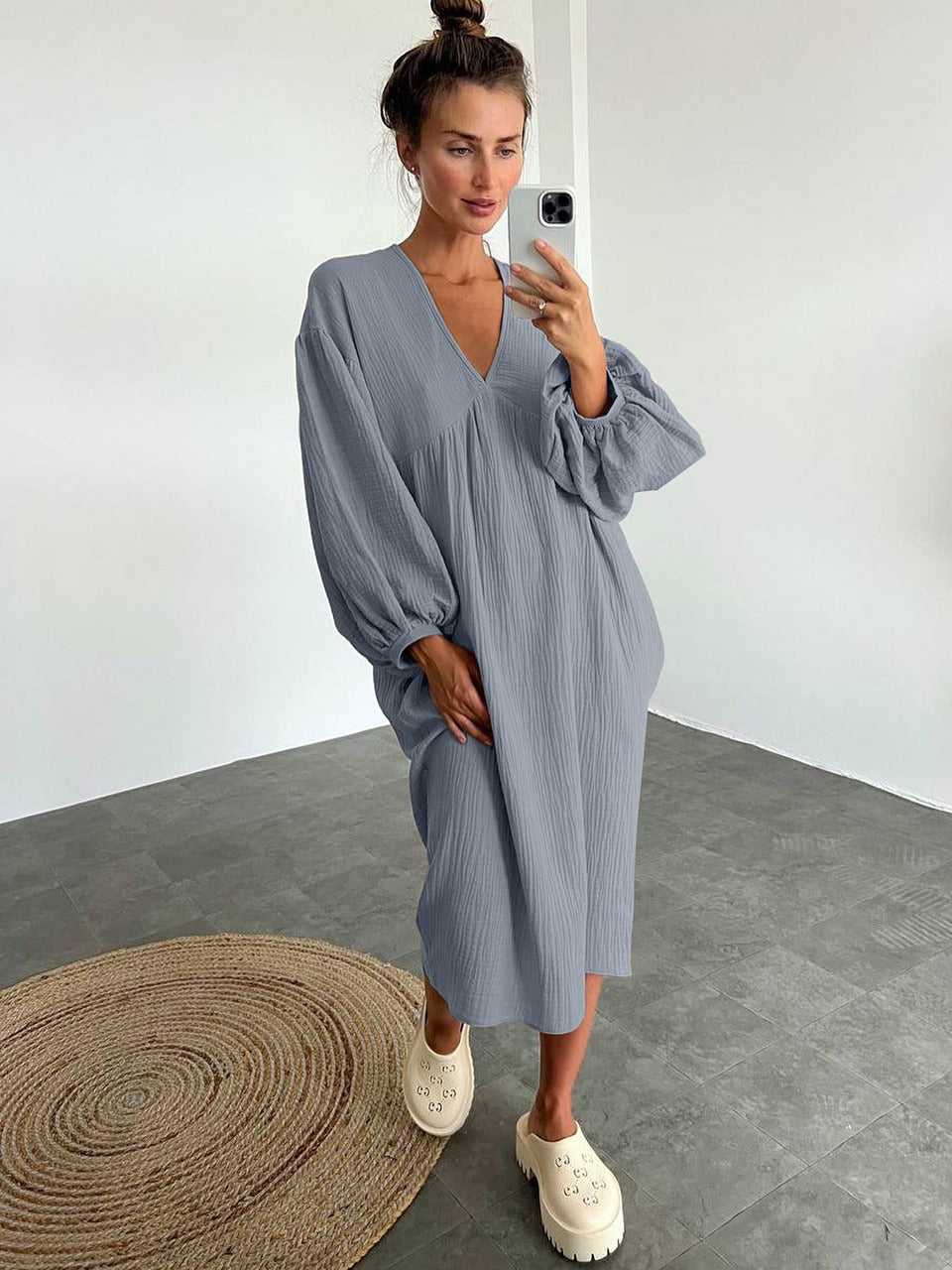 Midi Nightgown with V-Neck and Puff Sleeves - product photo 4