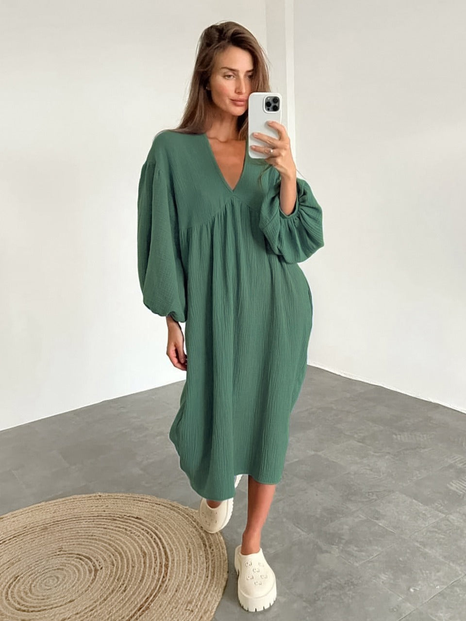 Midi Nightgown with V-Neck and Puff Sleeves - product photo 5