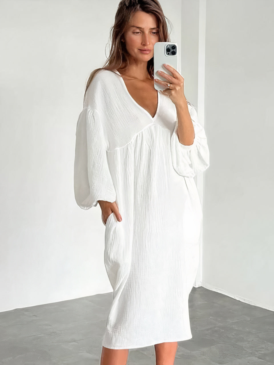 Midi Nightgown with V-Neck and Puff Sleeves - product photo 7
