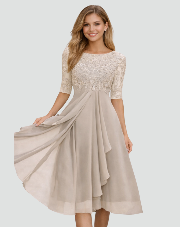 Midi Party Dress with Lace Bodice and Tulle Skirt