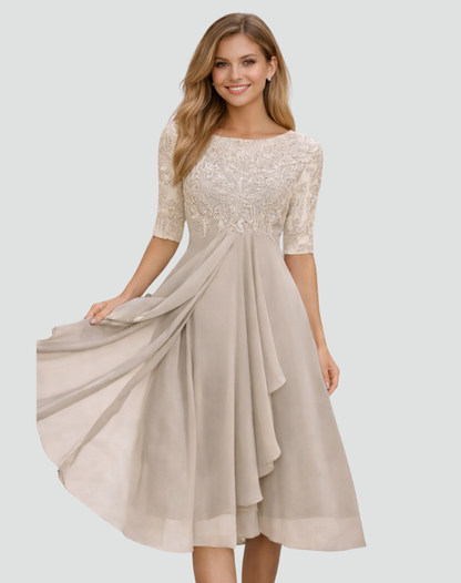 Midi Party Dress with Lace Bodice and Tulle Skirt