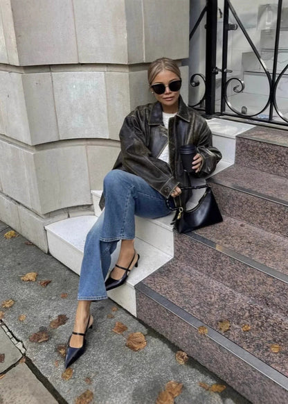 Oversized Bomber Jacket with Distressed Finish