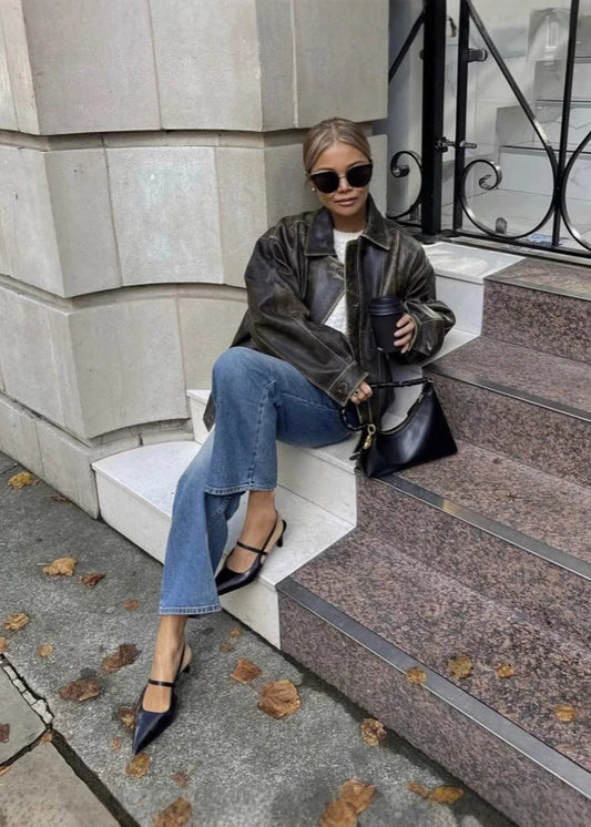 Oversized Bomber Jacket with Distressed Finish