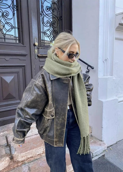 Oversized Bomber Jacket with Distressed Finish - product photo 4