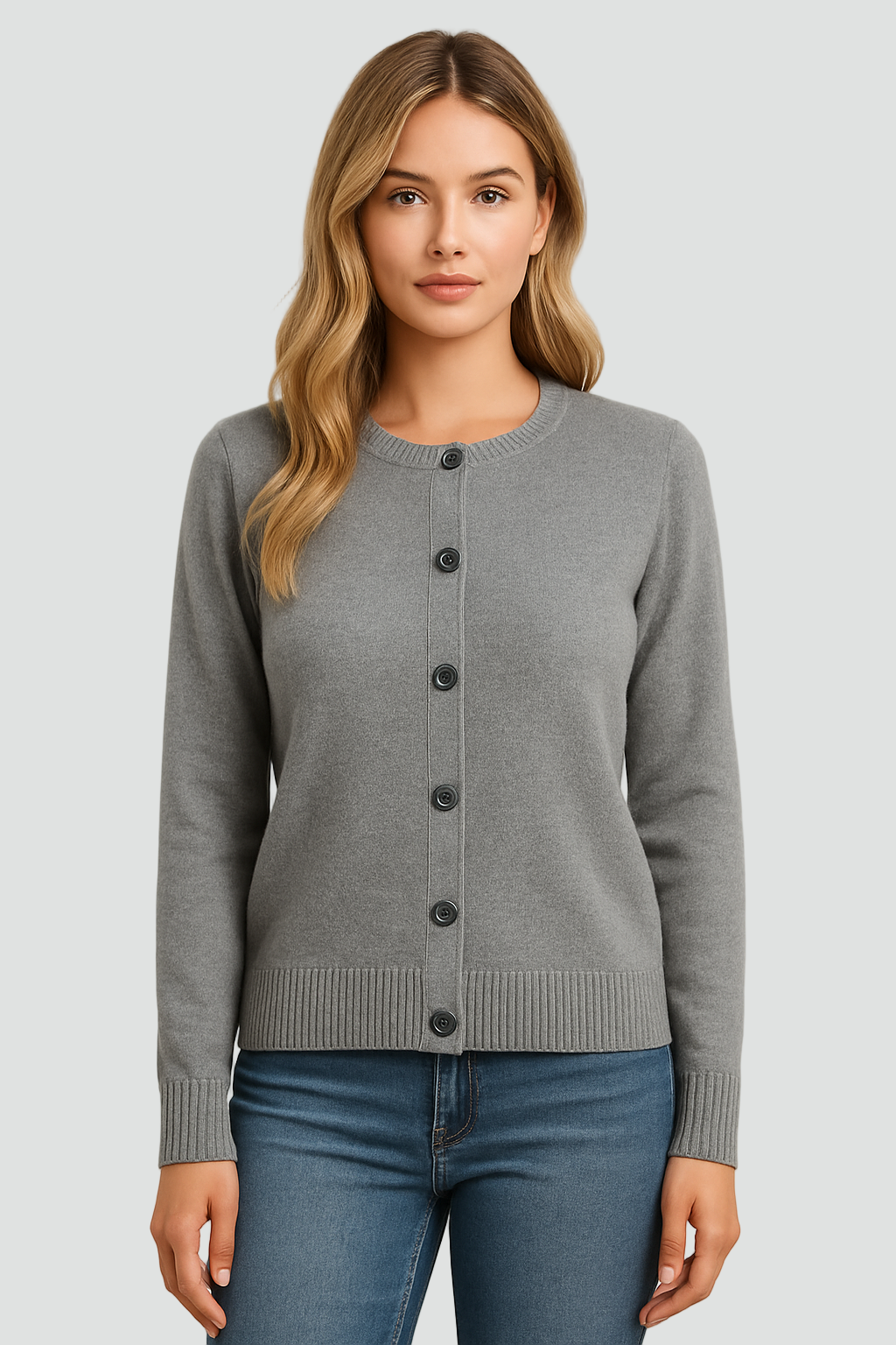 Round Neck Cardigan with Button Closure and Ribbed Cuffs