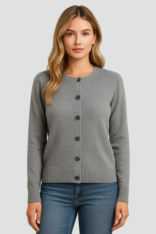 Round Neck Cardigan with Button Closure and Ribbed Cuffs