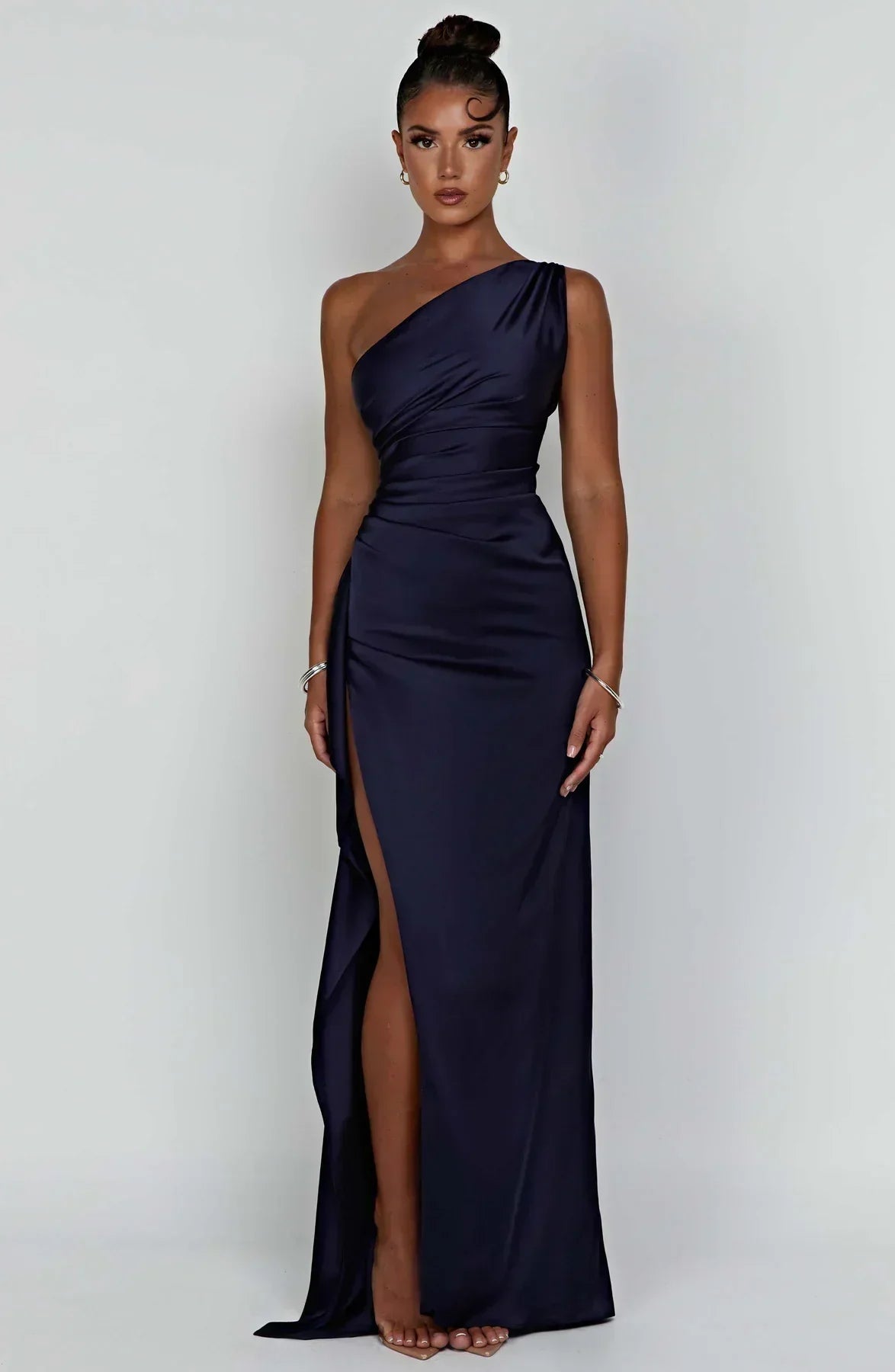 Satin Maxi Evening Dress with One-Shoulder and High Split - product photo 12