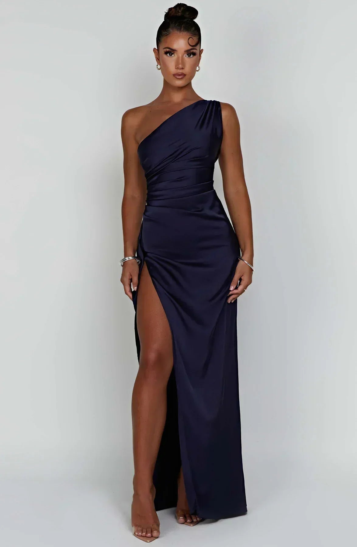 Satin Maxi Evening Dress with One-Shoulder and High Split - product photo 13