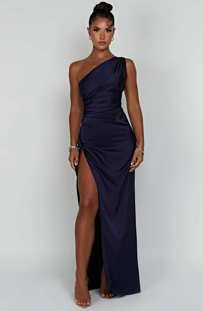 Satin Maxi Evening Dress with One-Shoulder and High Split - product photo 13
