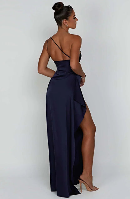 Satin Maxi Evening Dress with One-Shoulder and High Split - product photo 14