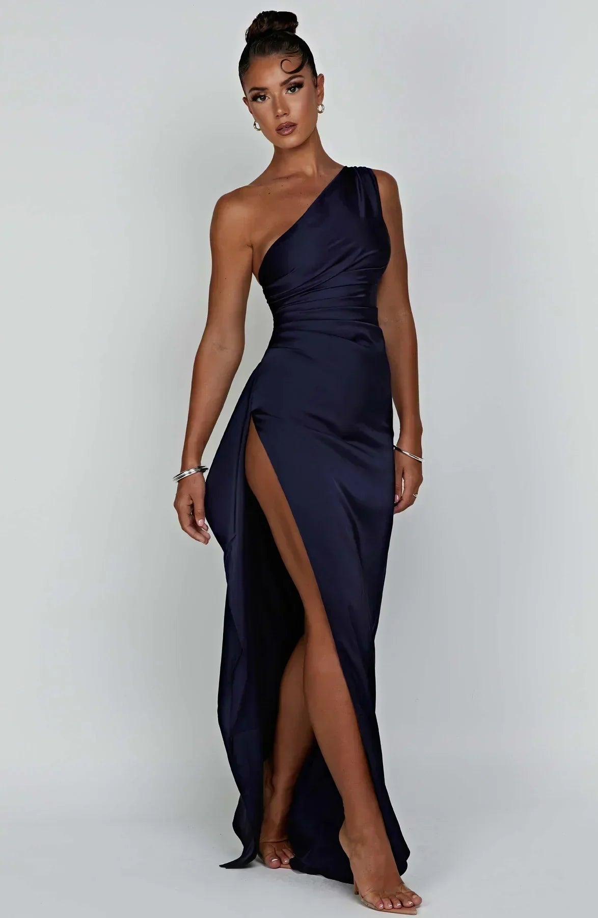 Satin Maxi Evening Dress with One-Shoulder and High Split - product photo 17