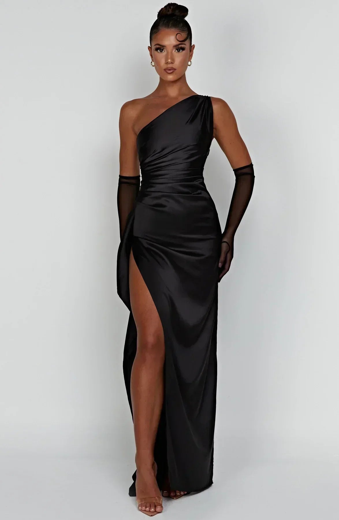 Satin Maxi Evening Dress with One-Shoulder and High Split - product photo 18