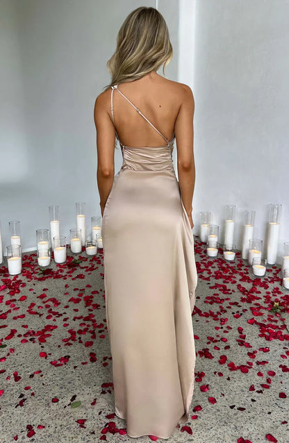 Satin Maxi Evening Dress with One-Shoulder and High Split - product photo 2