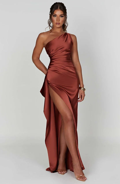 Satin Maxi Evening Dress with One-Shoulder and High Split - product photo 23