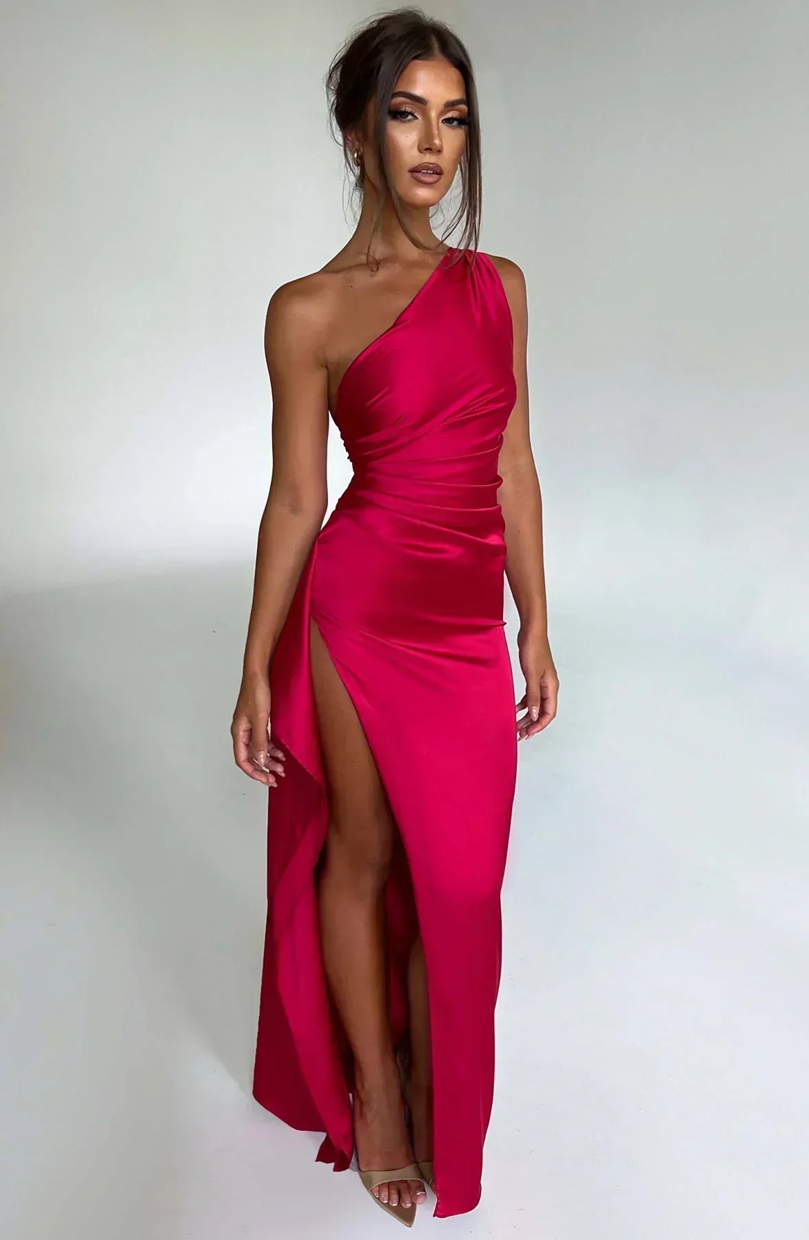 Satin Maxi Evening Dress with One-Shoulder and High Split - product photo 7