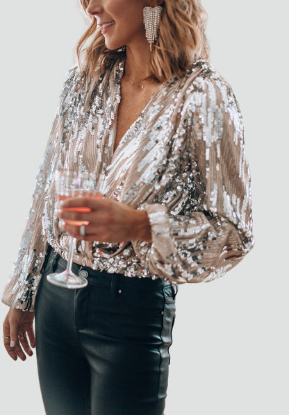 Sequin Party Blouse with Long Sleeves and V-Neck