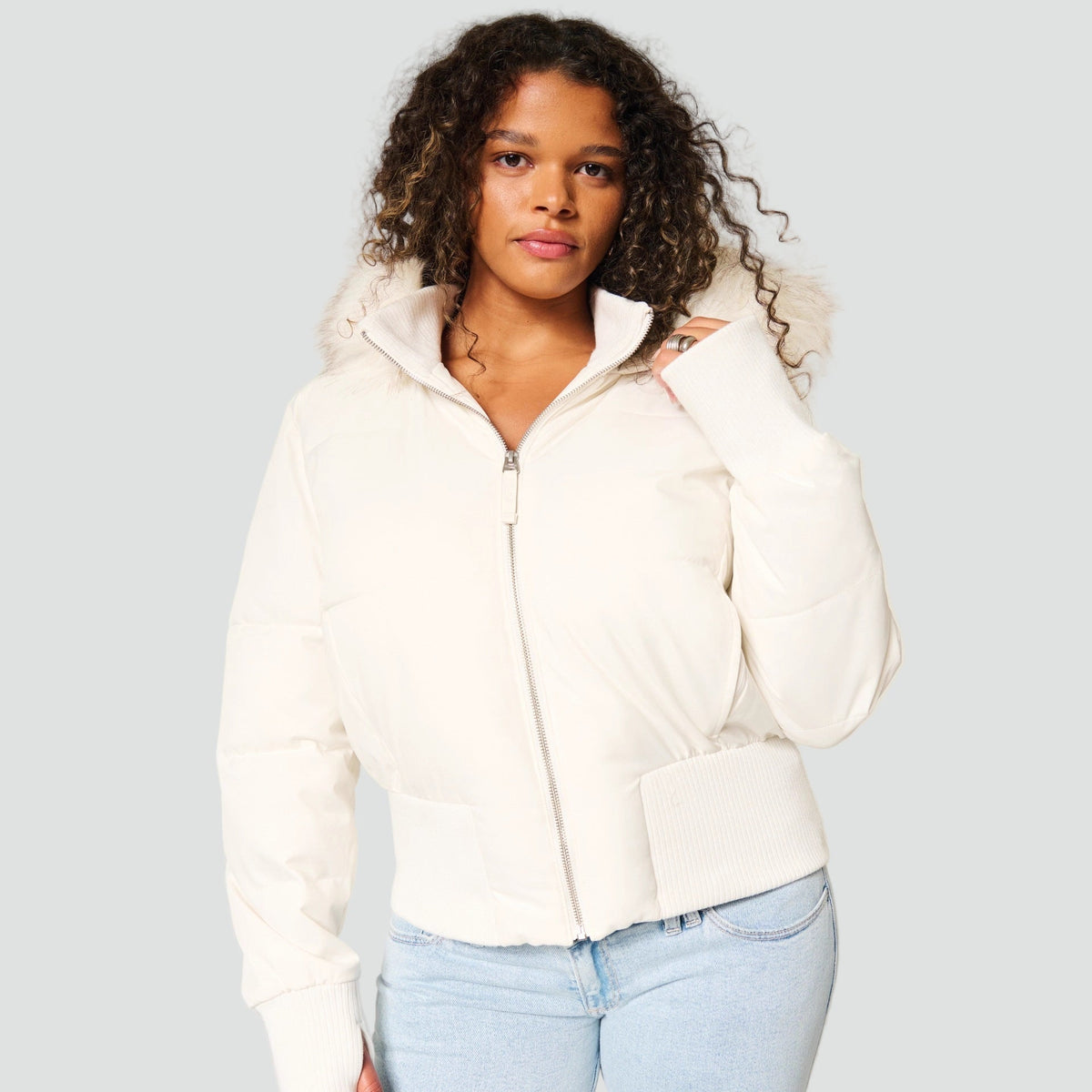 Short Puffer Jacket with Faux Fur Hood