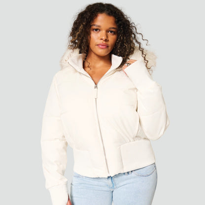 Short Puffer Jacket with Faux Fur Hood