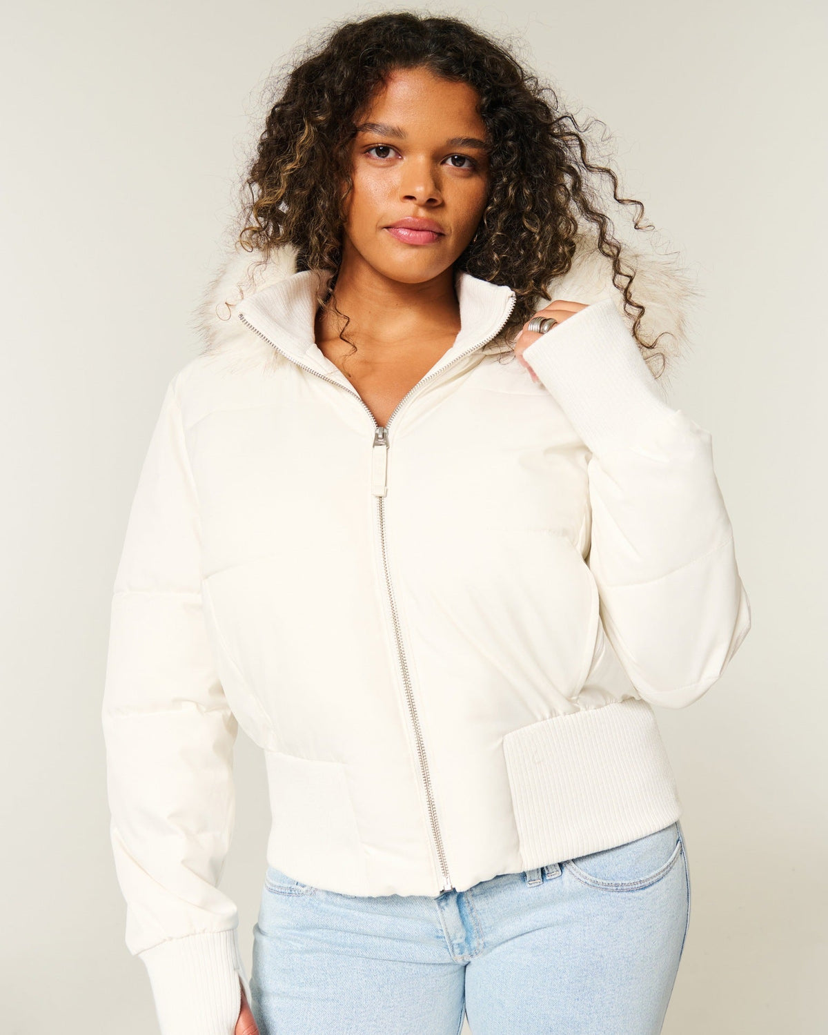 Short Puffer Jacket with Faux Fur Hood - product photo 2