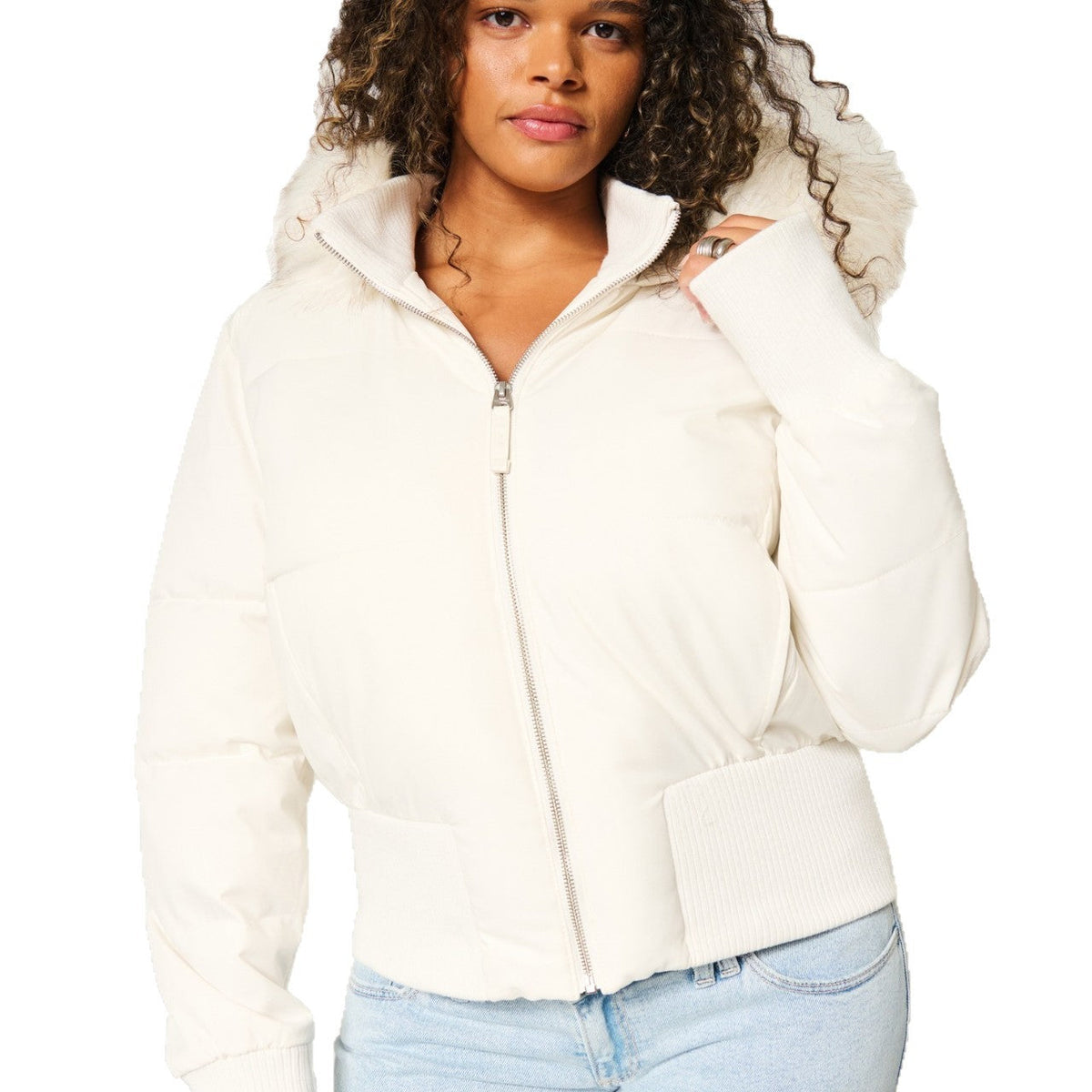 Short Puffer Jacket with Faux Fur Hood - product photo 3