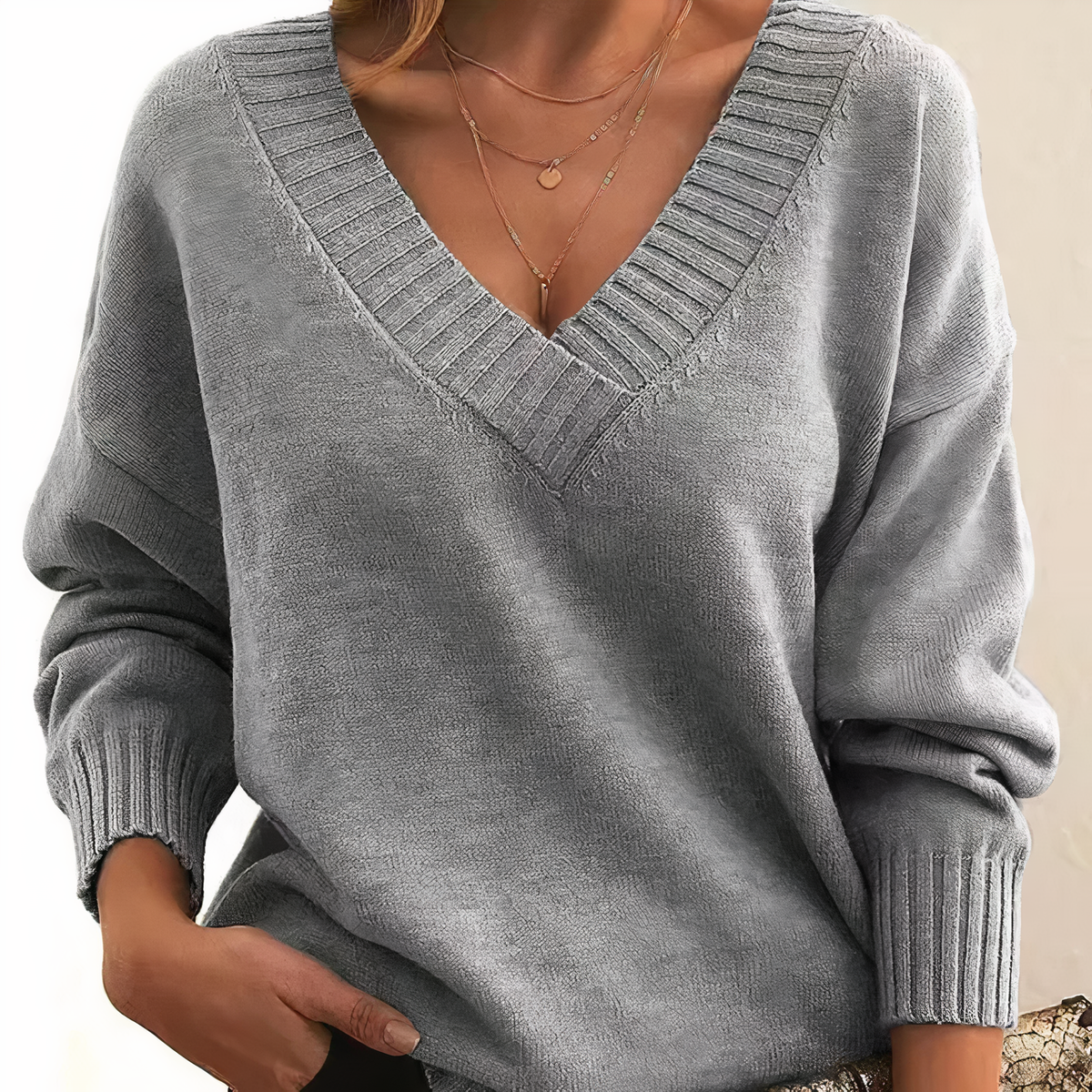 Soft Knit Jumper with Deep V-Neck and Rib Detail - product photo 10