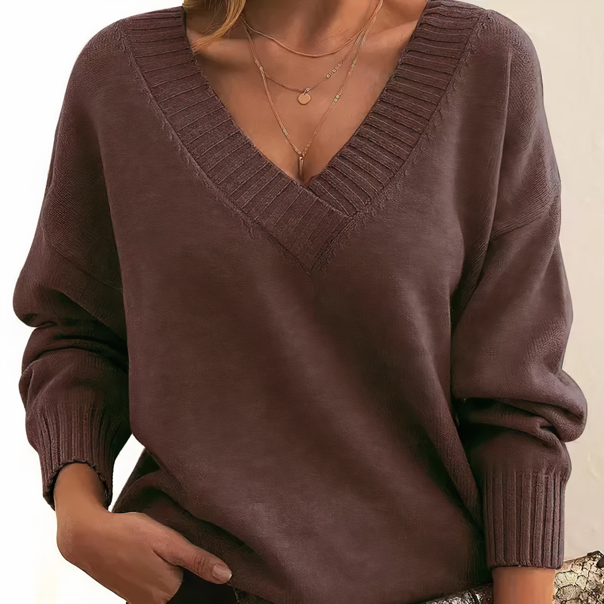 Soft Knit Jumper with Deep V-Neck and Rib Detail - product photo 14