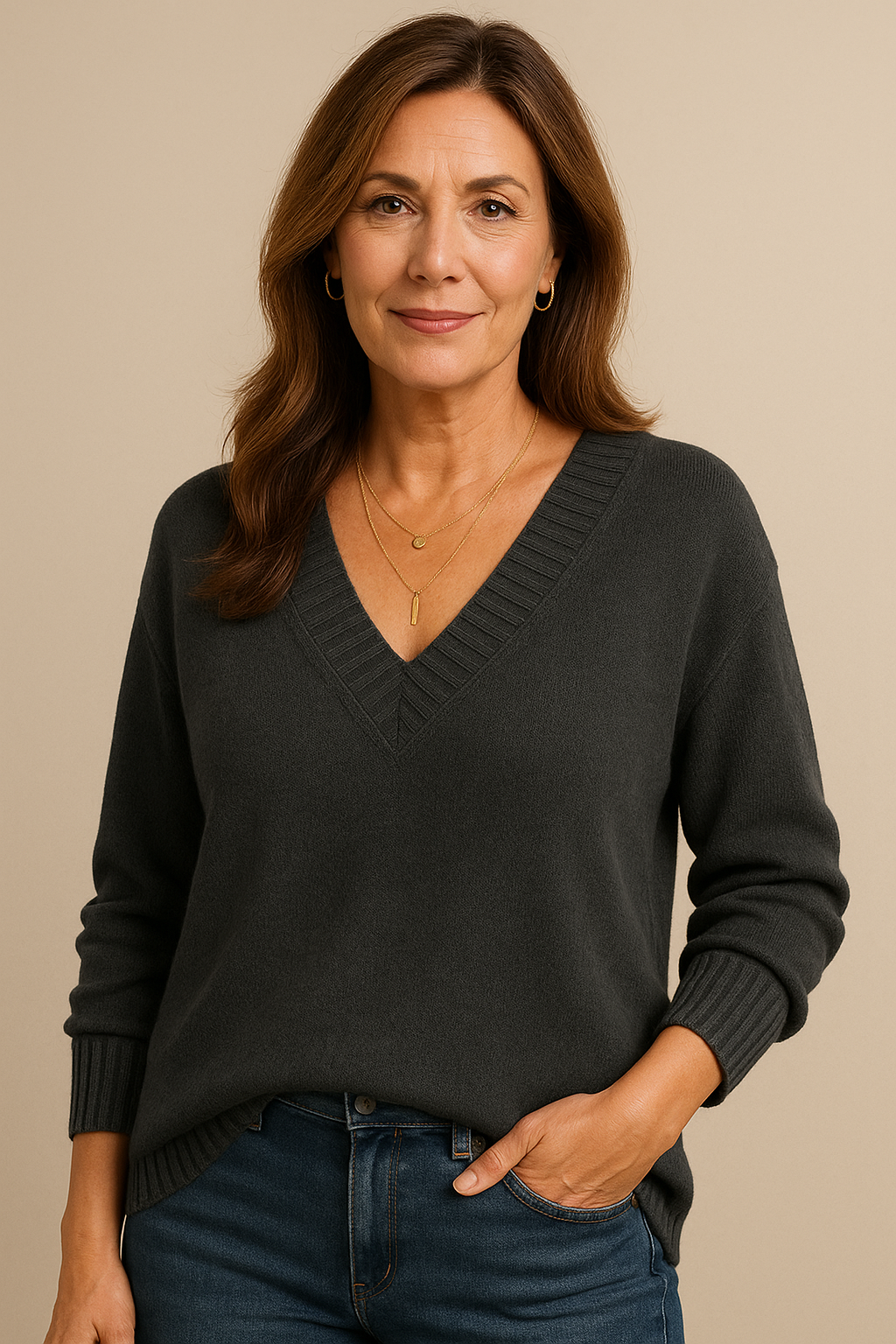 Soft Knit Jumper with Deep V-Neck and Rib Detail - product photo 15