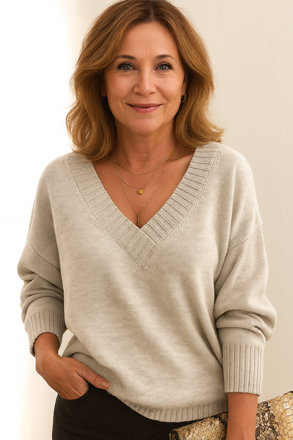 Soft Knit Jumper with Deep V-Neck and Rib Detail - product photo 16