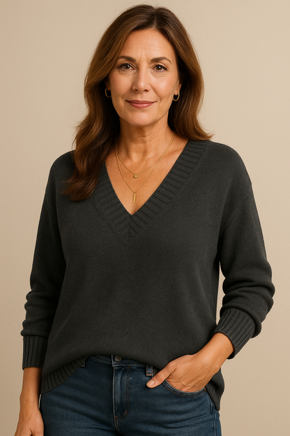 Soft Knit Jumper with Deep V-Neck and Rib Detail - product photo 3