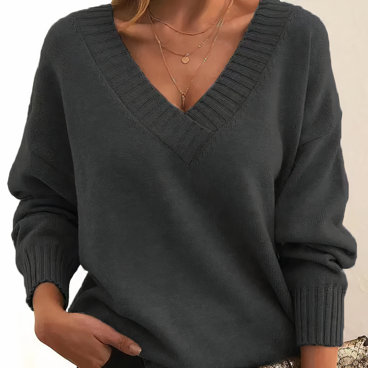 Soft Knit Jumper with Deep V-Neck and Rib Detail - product photo 4