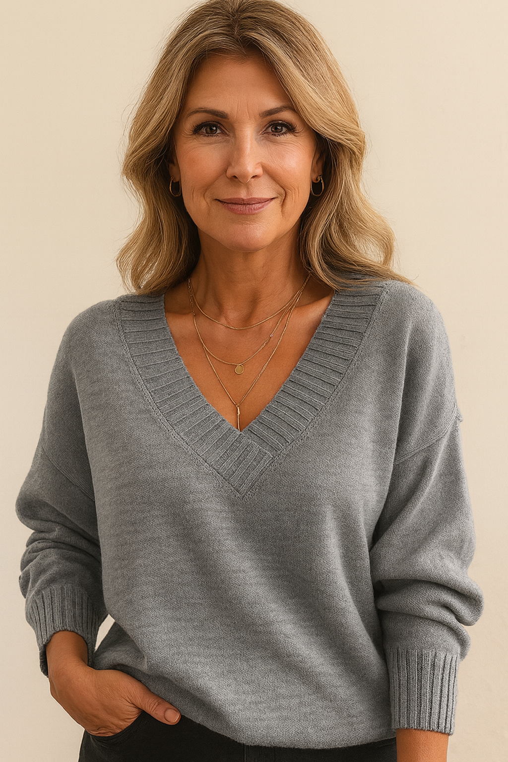 Soft Knit Jumper with Deep V-Neck and Rib Detail - product photo 9