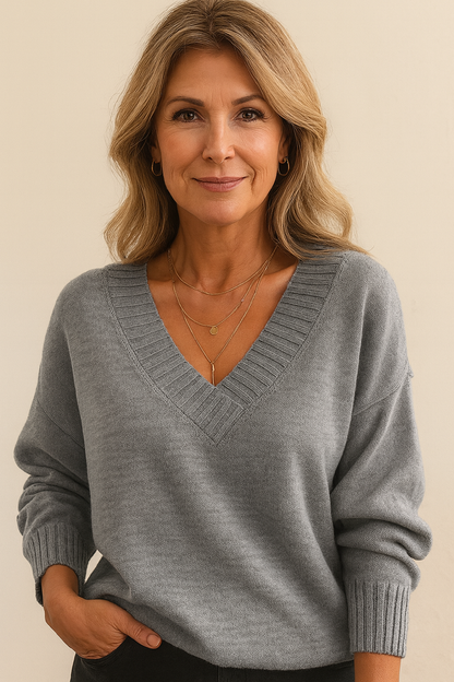 Soft Knit Jumper with Deep V-Neck and Rib Detail - product photo 9