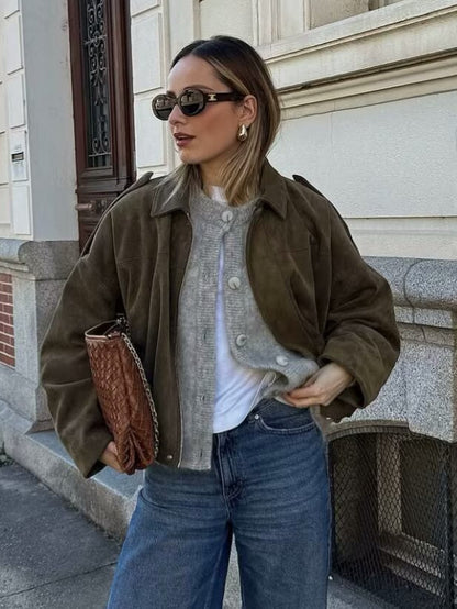 Suede-Look Textured Casual Jacket with Lapel Collar