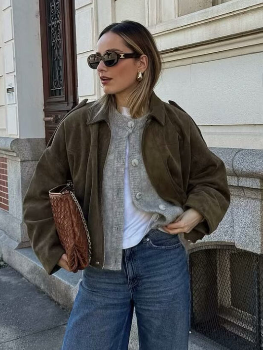 Suede-Look Textured Casual Jacket with Lapel Collar