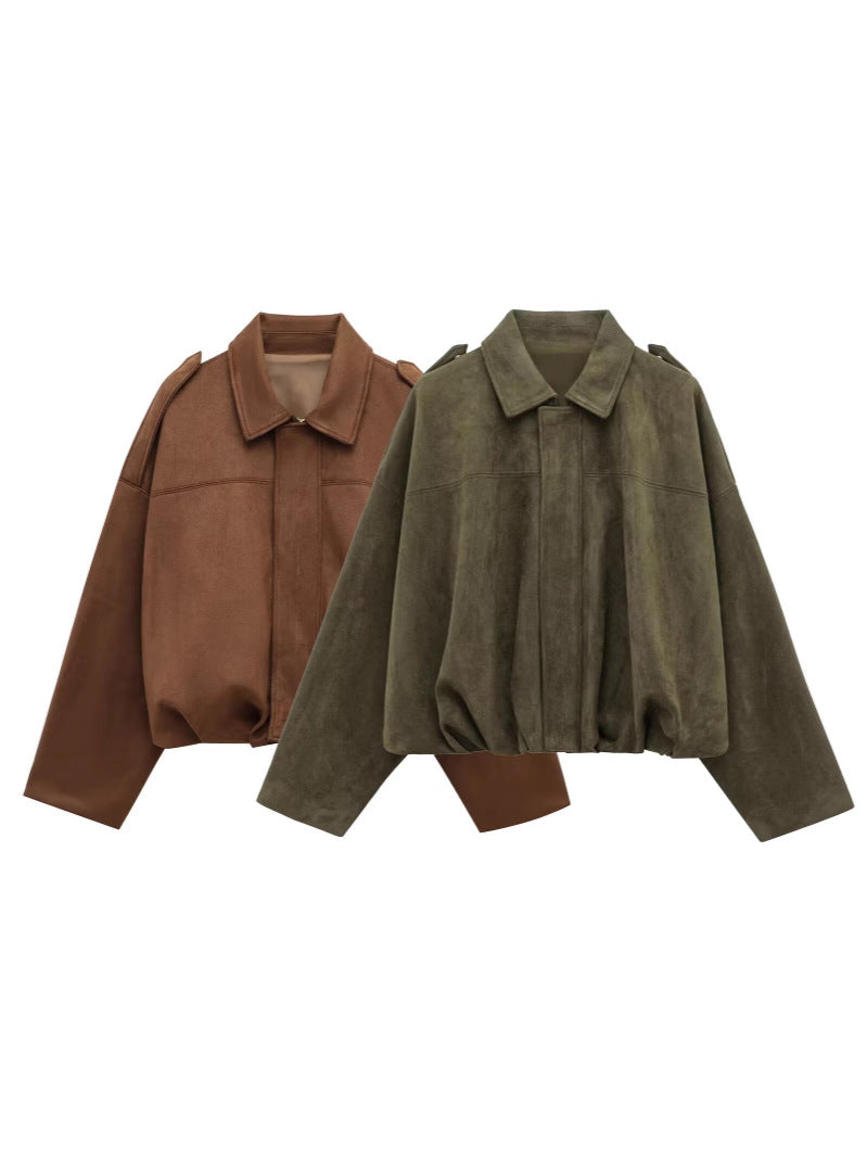 Suede-Look Textured Casual Jacket with Lapel Collar - product photo 2
