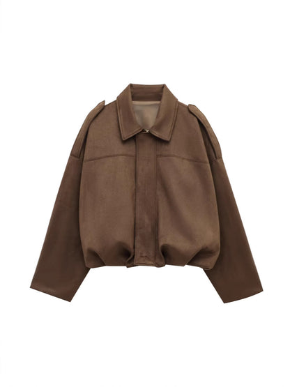 Suede-Look Textured Casual Jacket with Lapel Collar - product photo 4