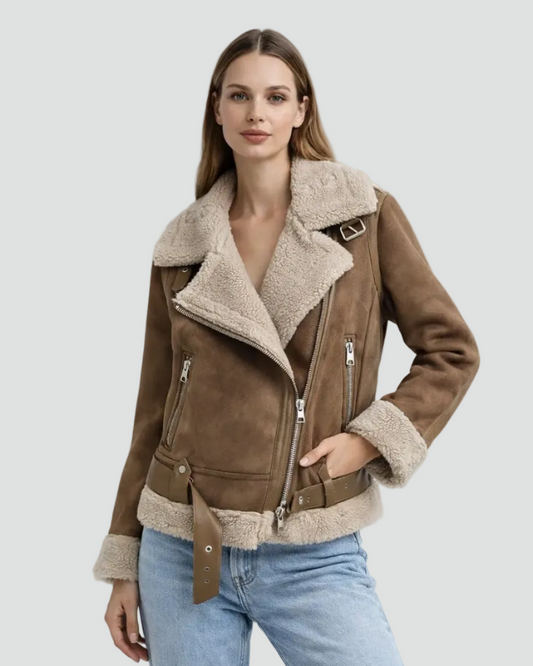 Tailored Biker Jacket with Leather-Look Finish and Teddy Lining