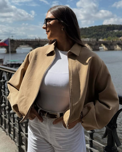 Cropped Bomber Jacket with Elastic Hem