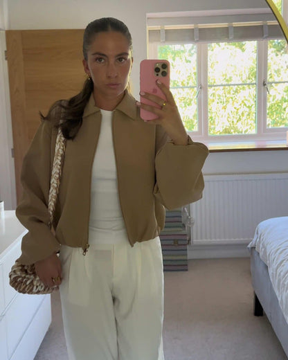 Cropped Bomber Jacket with Elastic Hem