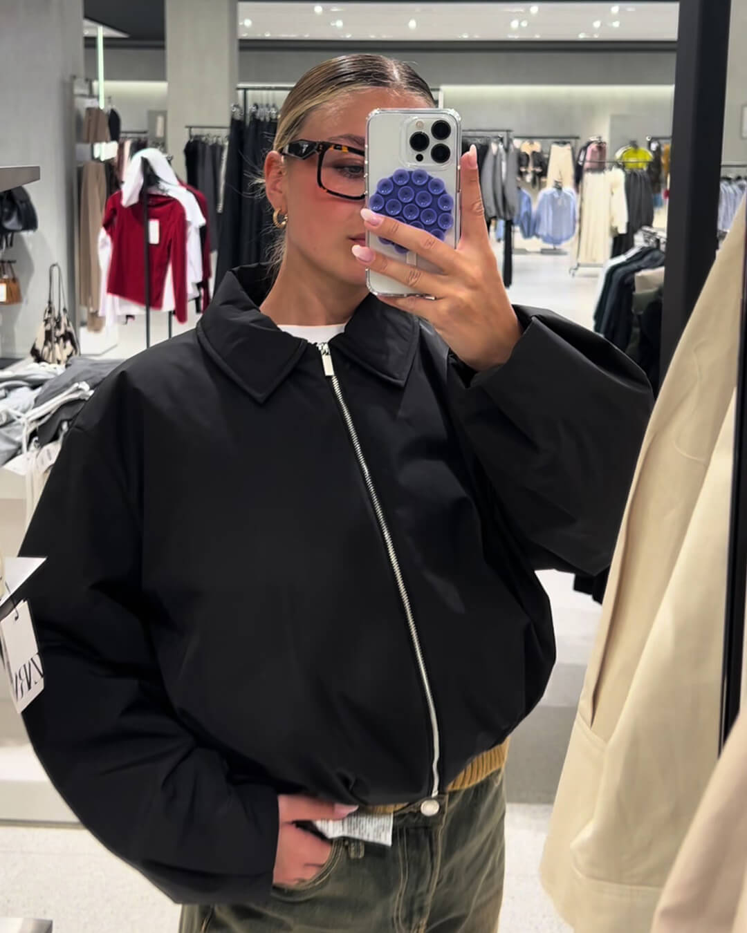 Cropped Bomber Jacket with Elastic Hem