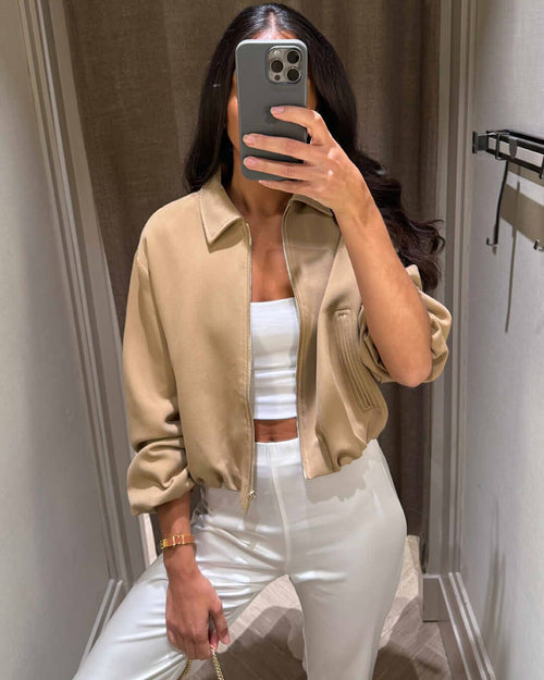 Cropped Bomber Jacket with Elastic Hem