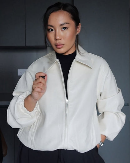 Cropped Bomber Jacket with Elastic Hem