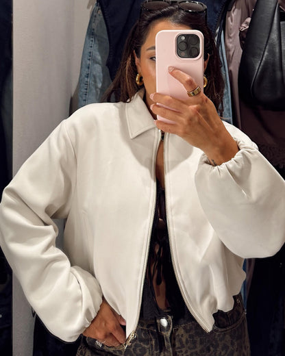 Cropped Bomber Jacket with Elastic Hem