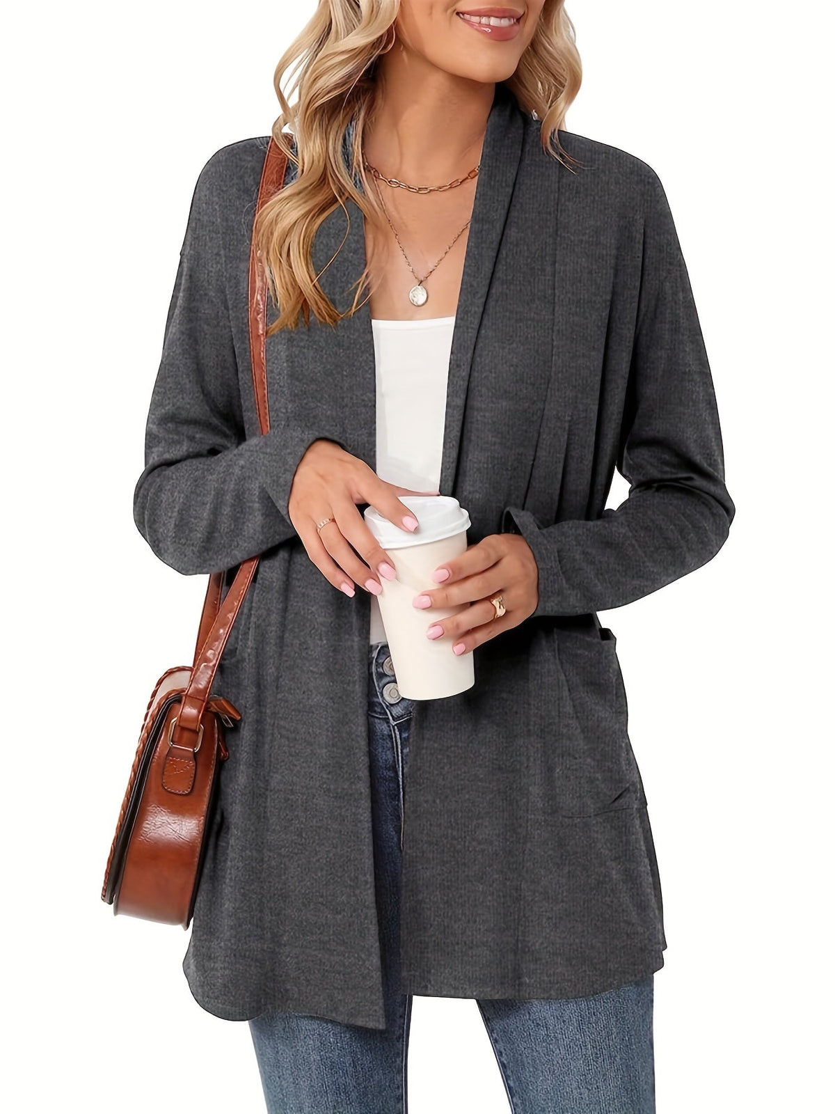 Open-Front Cardigan with Lapel Collar