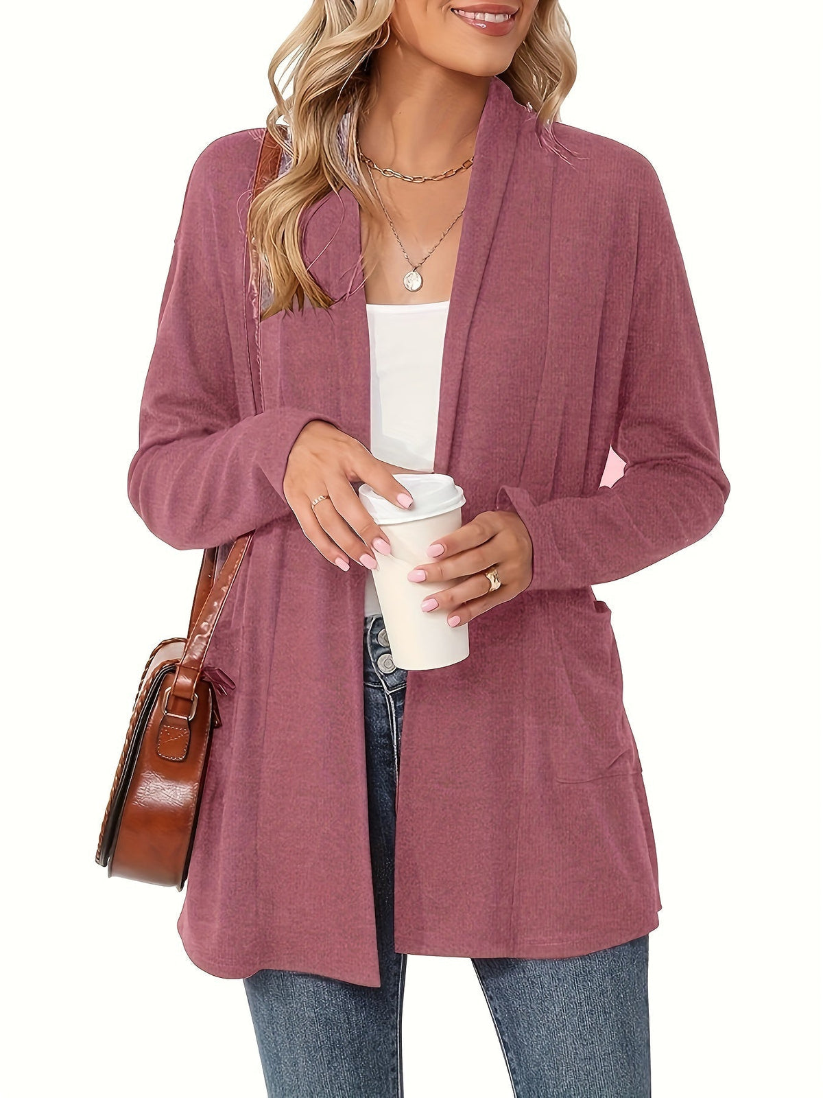 Open-Front Cardigan with Lapel Collar